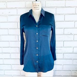 Ann Taylor Grey Blue Rayon Poly Knot Cotton Blouse Small